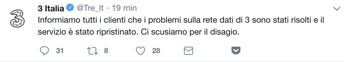 twit tre italia problemi rete risolti